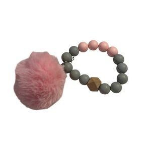 Pink Gray Beaded Keychain‎ Pom Pom Wood Hexagon Charm Faux Fur Ball